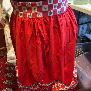 Vintage Red Christmas apron with Checkered Hem and waistband- kitschy, used